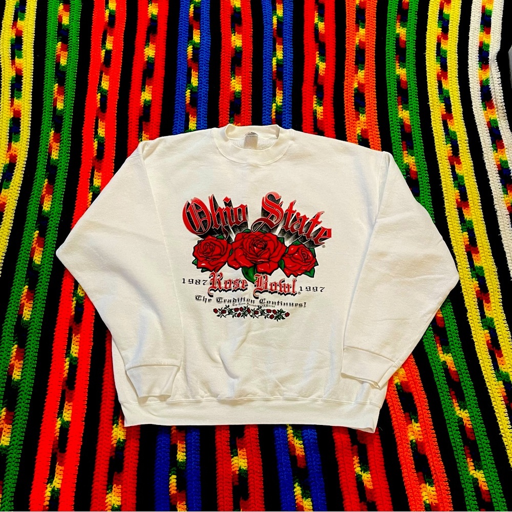 Vintage 90s Ohio State Rose Bowl floral rose white sweatshirt